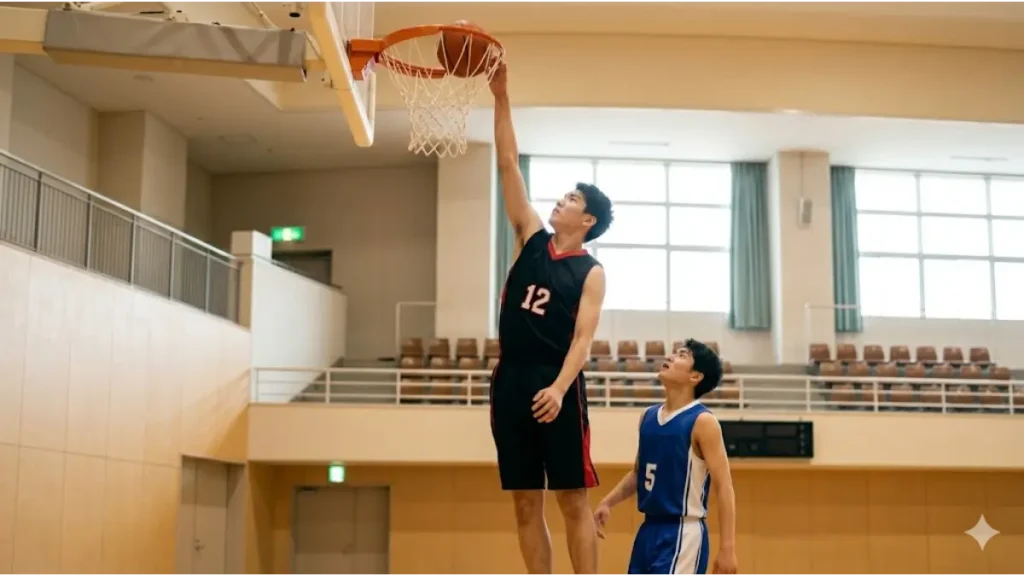 バスケのゴール下で手を伸ばすだけでリングに届く、高身長選手の圧倒的な物理的優位性を示す画像