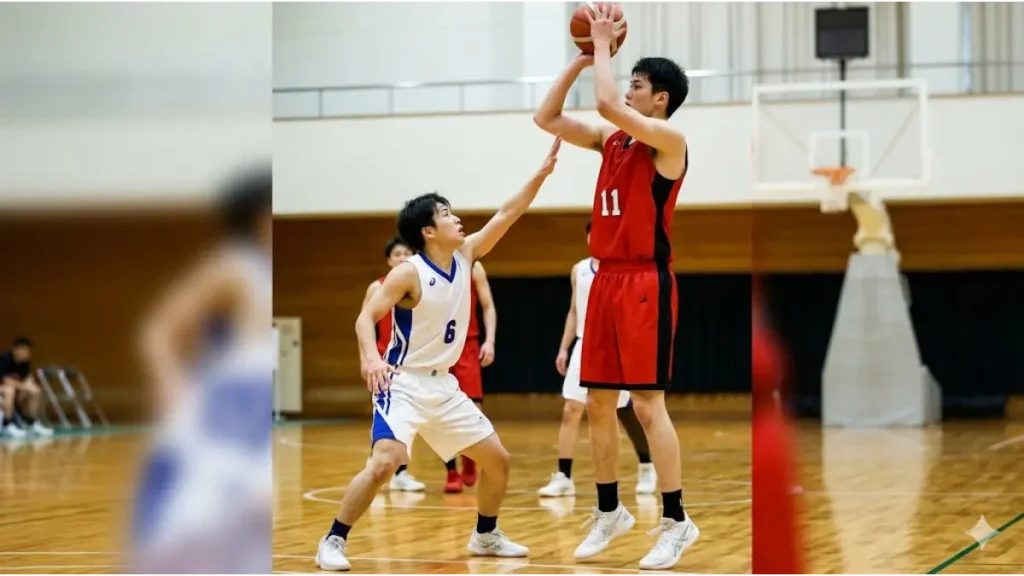 バスケの試合で、身長差のある相手に圧倒される小柄な日本人選手。体格差という物理的な壁によるディフェンスの限界。