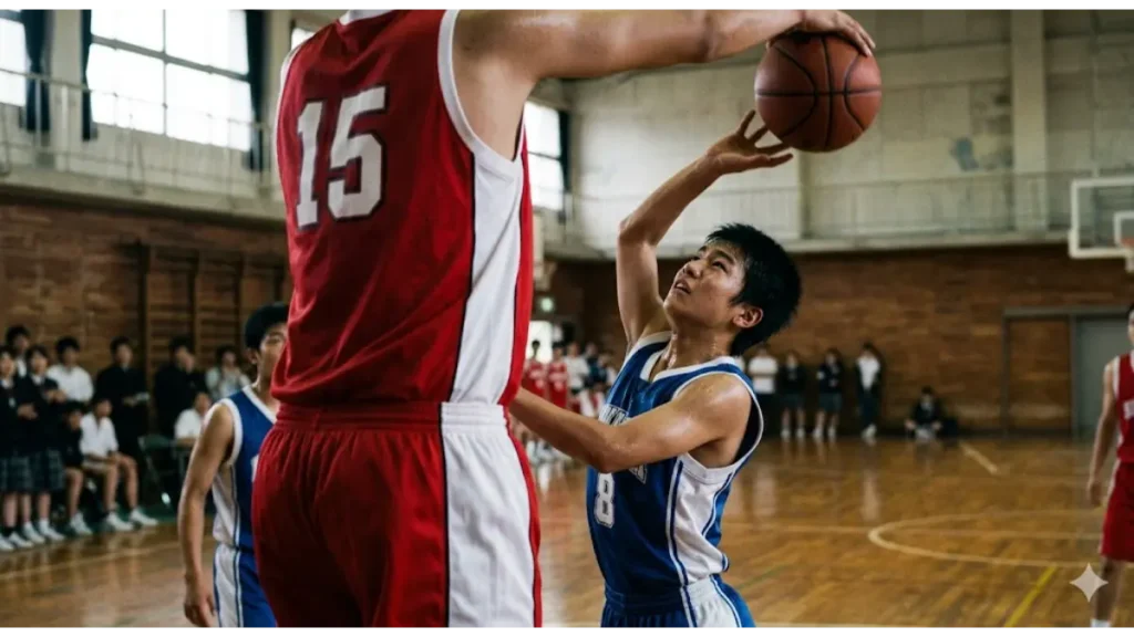 日本の体育館で、ゴール下で圧倒的な体格差（身長、肩幅）を持つ大柄な相手にシュートをブロックされる小柄な高校生バスケ部員。努力だけでは超えられない現実と無力感を表現した実写風スポーツ写真。