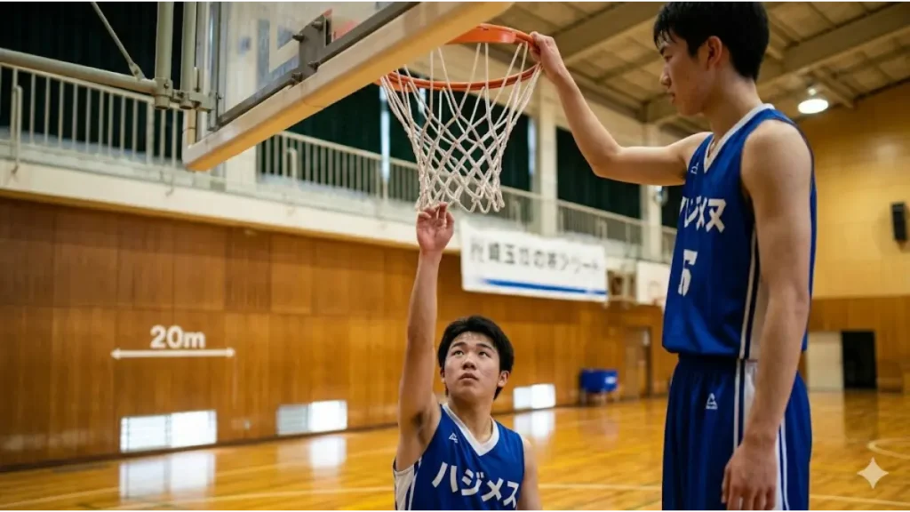 身長の壁を感じ、体育館のバスケットゴールを見上げる小柄な日本人男子バスケ部員。