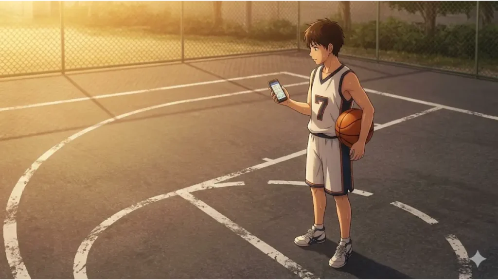 バスケ部の一人自主練で何をするか迷う日本人の男子高校生が、屋外コートでスマートフォンを手に考える様子。