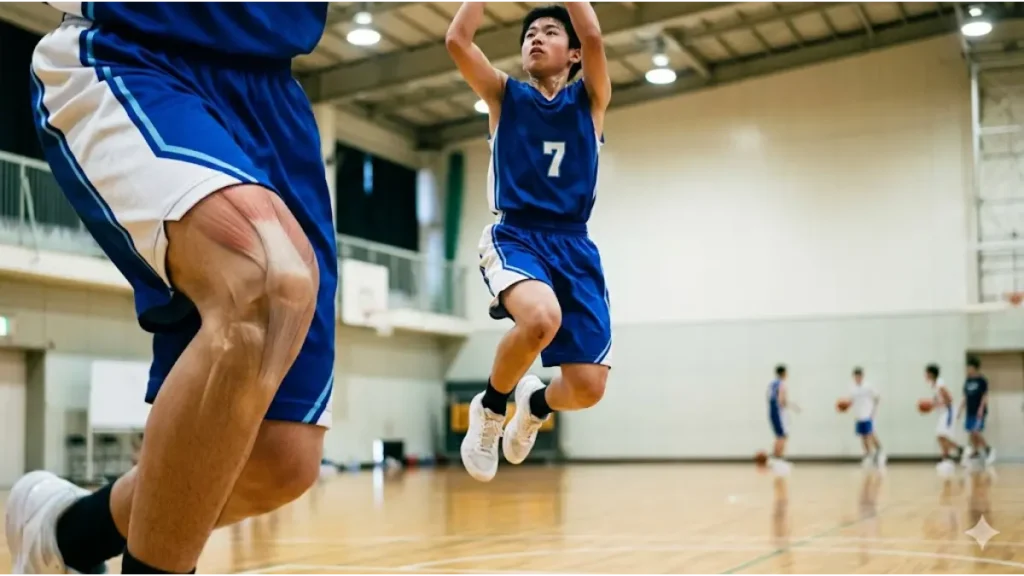 バスケのジャンプショット中、空中に舞う日本人の男子中学生。膝の負担、特に膝蓋腱と脛骨粗面(成長軟骨)にかかる負荷を強調したクローズアップ(実写風)。