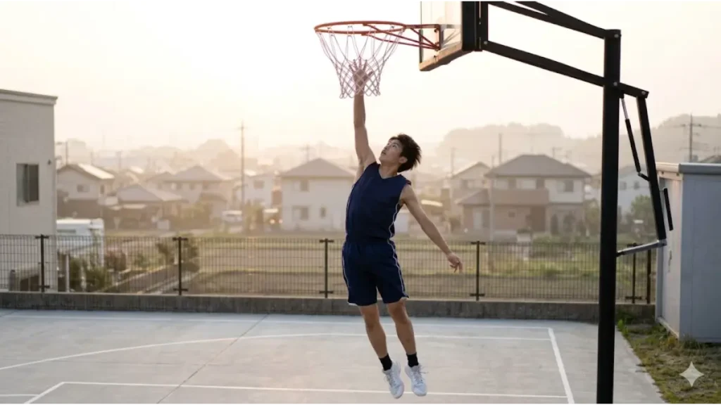 自宅庭のコートで、朝日に向かってバスケットボールのリングに触れようと高く跳ぶ日本人の男子高校生バスケ部員。ジャンプ力10cmアップの目標を象徴する。