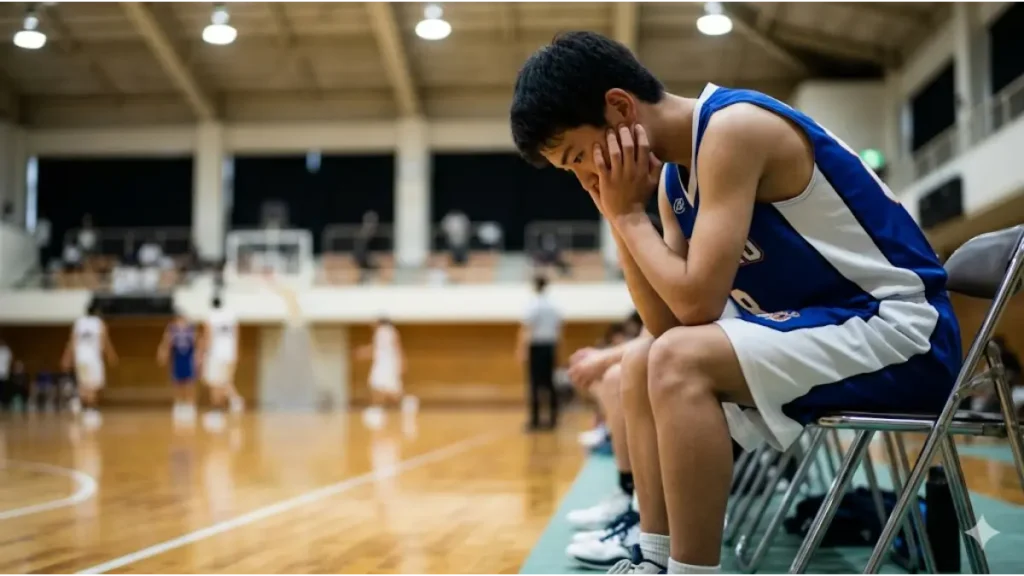 バスケの試合で当たり負けしベンチで悔しがる日本人の男子中学生選手