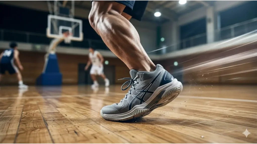 バスケットボールの着地衝撃でふくらはぎの筋肉（下腿三頭筋）に負荷がかかる瞬間の様子