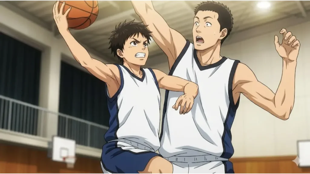 バスケの試合中、低い身長をカバーするために、自分から相手の懐に飛び込み身体を接触させてブロックを封じる日本人選手。