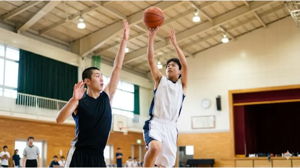 バスケの試合で、小柄な日本人選手が知略と体格を使い、高いディフェンダーのブロックをかわしてレイアップシュートを決める実写風のアクションシーン。