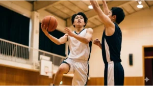 バスケ部の練習で、背の高いディフェンダーのブロックをかわしてレイアップシュートを決める小柄な日本人選手。