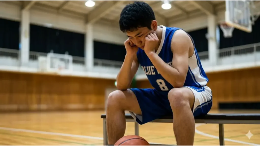 バスケの試合で当たり負けしゴール下で悔しがる背の低い日本人の男子選手