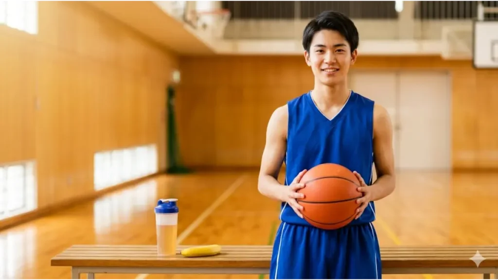 バスケ部の練習後、滞空時間を伸ばすための身体作りに必要な栄養摂取として、プロテイン shaker とバナナを用意する日本人選手。