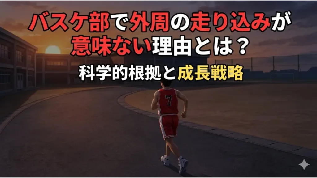 バスケユニフォーム姿で夕暮れの校舎外周を走る日本人高校生男子の背中。バスケ部外周走り込みの意味を問うアイキャッチ画像。