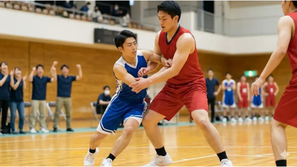 バスケ部の試合実戦で、ピックアンドロール戦術を使いこなす日本人高校生。