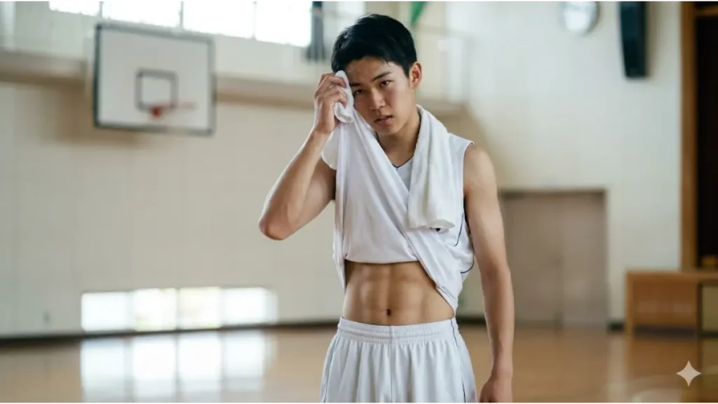 体育館で汗を拭う、腹筋が少し割れた男子高校生バスケットボール選手。