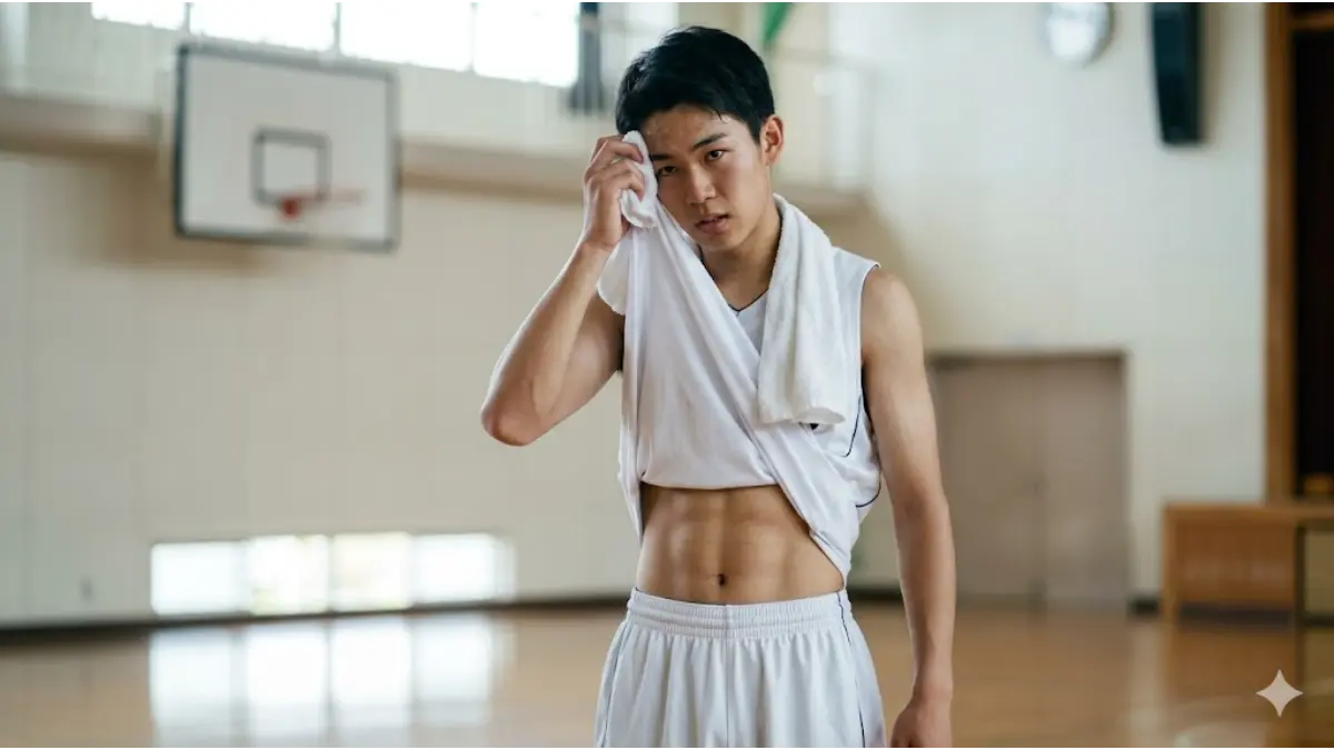 体育館で汗を拭う、腹筋が少し割れた男子高校生バスケットボール選手。