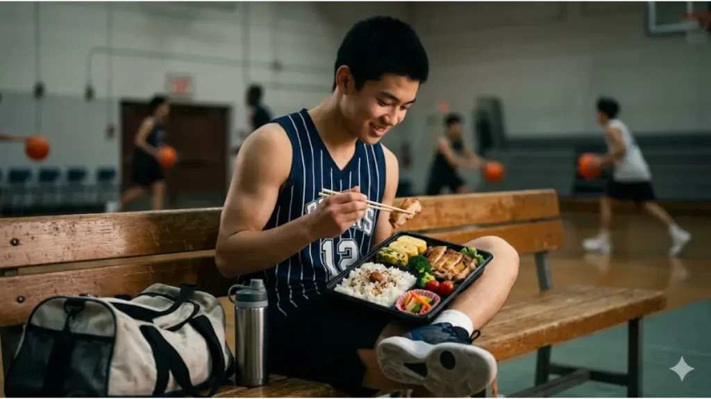 試合間の休憩中に、最高のコンディションを維持するために栄養バランスの整った遠征弁当を食べる、笑顔の日本人男子中高生バスケットボール選手。