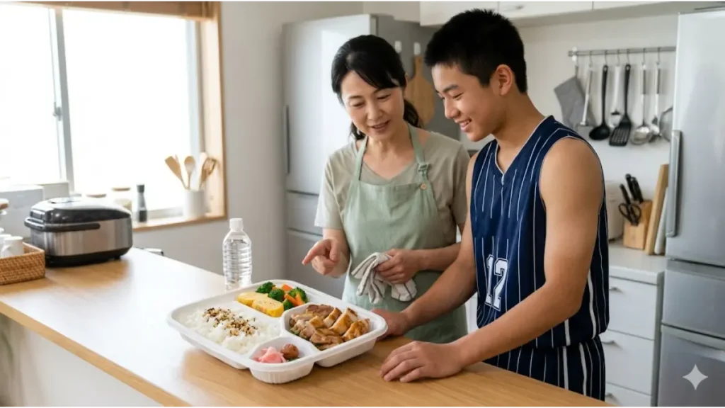 日本の中高生バスケットボール選手と、その激しい運動量を支えるためにボリューム満点で栄養バランスに配慮した手作り弁当。