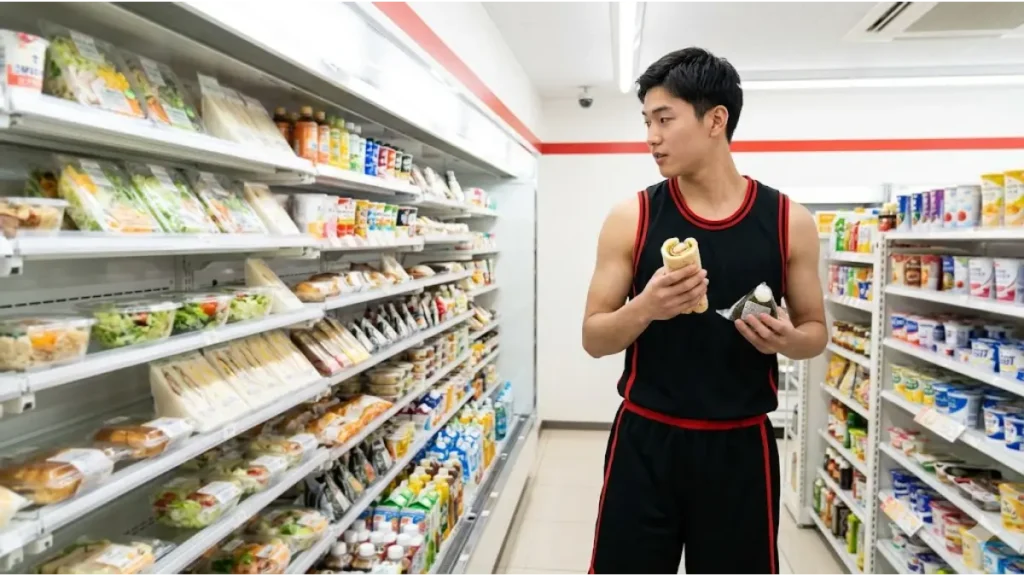 コンビニエンスストアの棚を眺めるバスケットボール選手。栄養素を基準に食品を選ぼうとしている様子を表現。