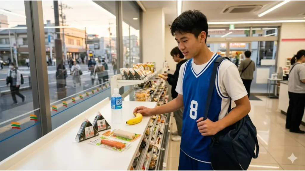 バスケ部員がコンビニエンスストアで捕食メニューを選ぶ様子。おにぎりやチキン、スポーツドリンクが並ぶ。