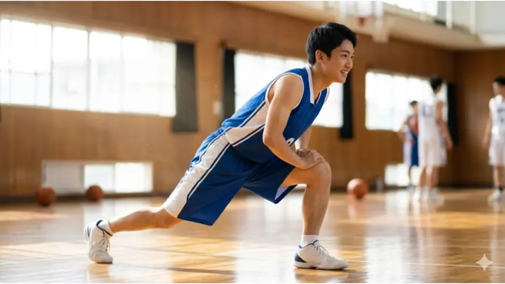 木造体育館で柔軟性を高めるストレッチをする日本の男子高校生バスケットボール選手