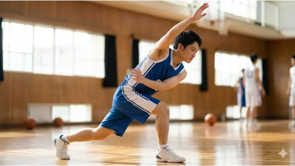 体育館で練習前に動的ストレッチをする日本の男子高校生バスケットボール選手