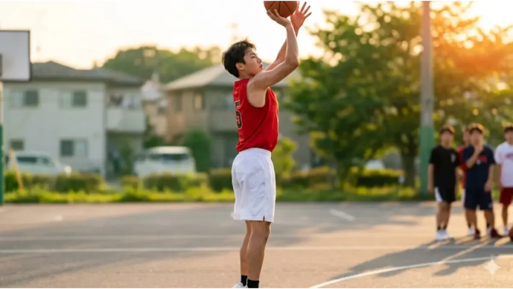 日本の高校生の男子部員が、夕暮れの屋外バスケットボールコートで、美しいフォームでジャンプシュートを放っている。引き締まった体と集中した表情が、理想的な成長とトレーニングの成果を表現している。