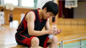 バスケの練習中に突き指をしてしまい、体育館のベンチでコールドスプレーを使って患部を冷やす日本人の男子高校生。