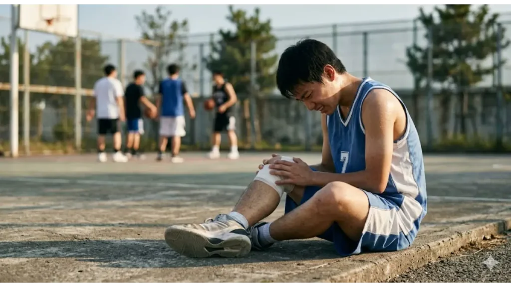 バスケコートの脇で、膝を包帯で固定し、孤独に敗北感を滲ませて座り込む日本人の男子中学生バスケ部員。怪我を押して練習を続けたことによる後悔を表現(実写風)。