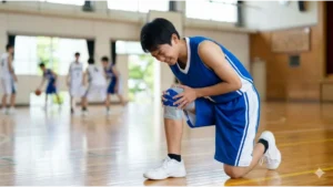 体育館で膝の痛み(オスグッド)に耐えながら、青と白のユニフォームを着て膝を抱える日本人の男子中学生バスケ部員。
