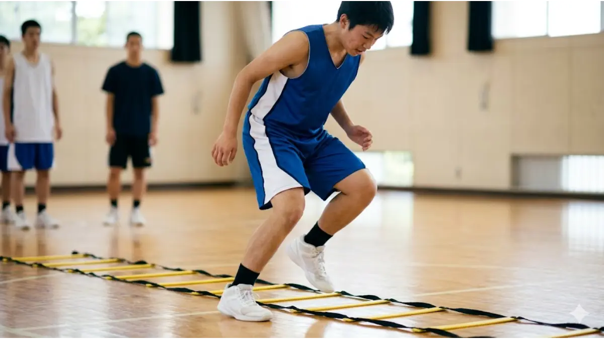 体育館の木製床で黄色いアジリティラダーを使い、真剣な表情でトレーニングをするアジア人男子高校生バスケットボール選手。