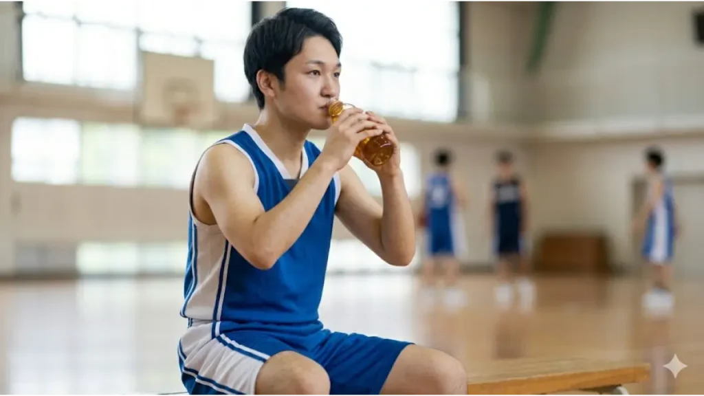 体育館のベンチでサプリメントドリンクを飲む日本の男子高校生バスケットボール選手
