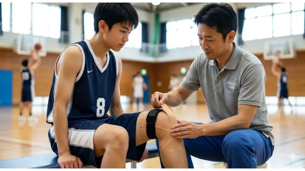 日本人の男子中学生バスケ部員が、体育館で、理学療法士に膝蓋腱の下(脛骨粗面)に専用サポーター(オスグッドバンド)とテーピングを装着してもらっている(実写風)。