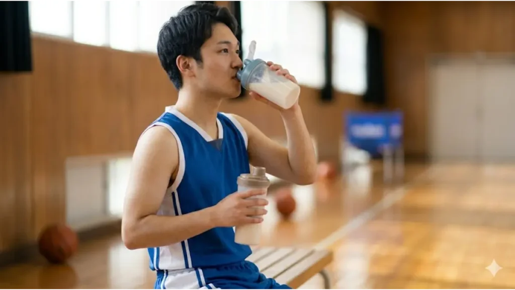 体育館でプロテインシェイカーを持つ日本の男子高校生バスケットボール選手