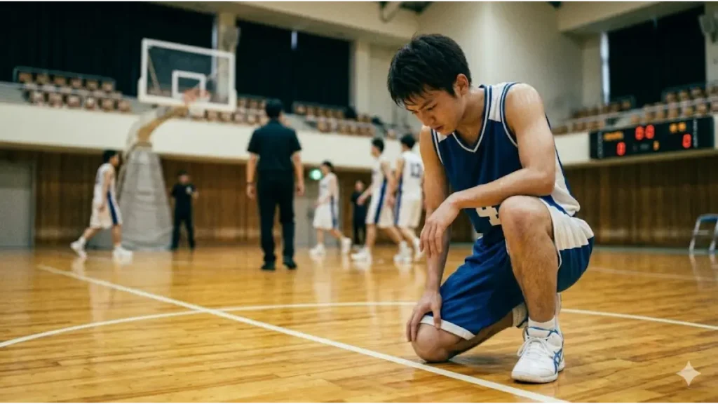 バスケの練習後、体育館の床に片膝をついて休息する日本人高校生。ディフェンスの悩みや身体づくりの重要性を静かに振り返る。