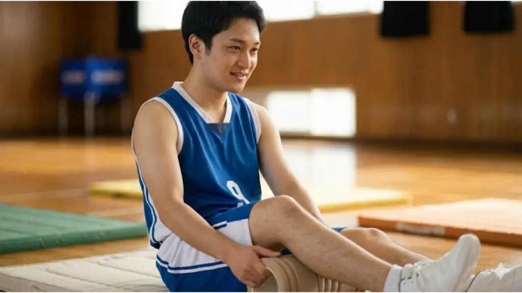 練習後に体育館のマットで静的ストレッチをする日本の男子高校生バスケットボール選手