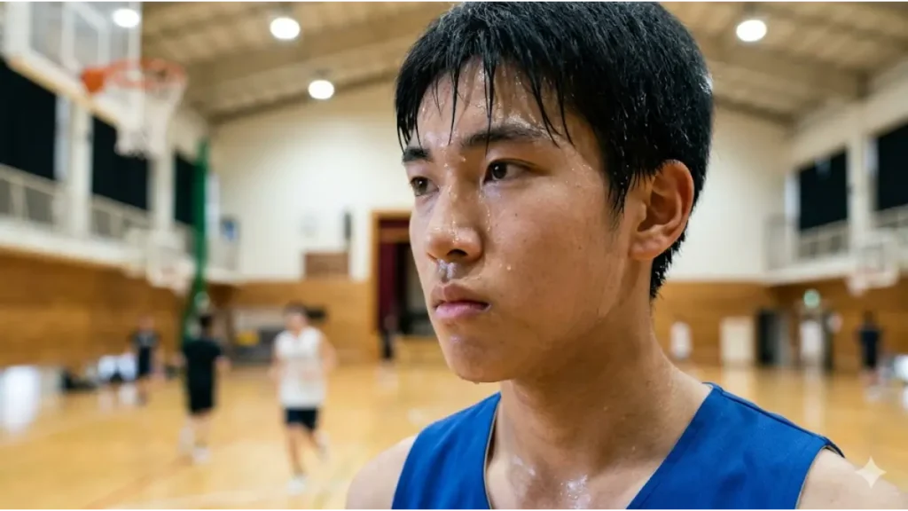 日本の高校生の男子バスケットボール選手が、練習中に顔を歪め、深く集中しながら汗を流している様子。バスケ部でキレのある動きを追求する部員の切実な努力と身体的な悩みを実写風に表現している。