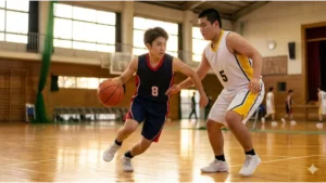 バスケの試合で体格差のある選手たちがプレーする様子。捕食と体格づくりの重要性を表現。