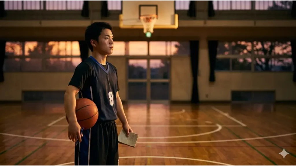 黄昏時の屋内体育館で、日本人の男子バスケ部員がボールを脇に抱え、練習ノートを手に持って次の効率的自主練メニューを決める様子。集中した表情。