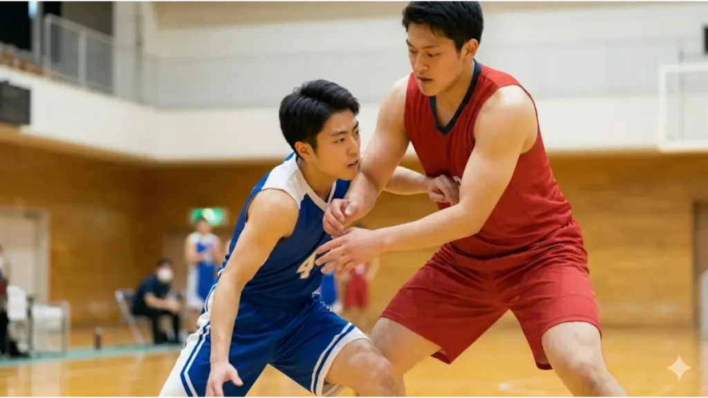 バスケ部の練習中、大柄な選手に弾き飛ばされる日本人高校生。低身長の痛み。