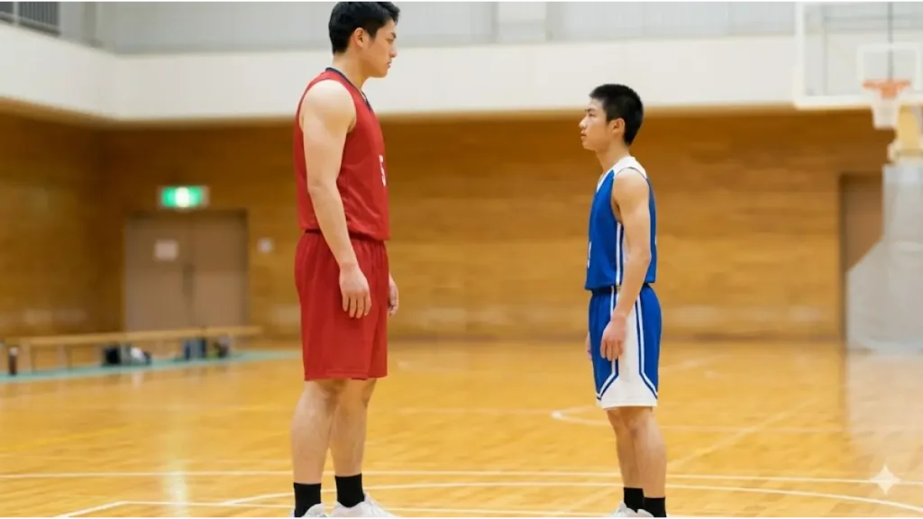 バスケ部でスクリーンを利用する前にフェイクを入れてディフェンスを揺さぶる日本人高校生。 