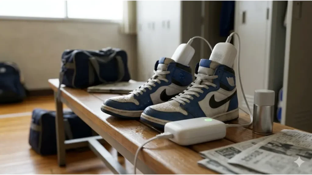 体育館の木製ベンチに置かれた、練習後の湿ったバスケットボールシューズに携帯型シューズドライヤー（乾燥機）を挿入して乾燥させている16:9画像