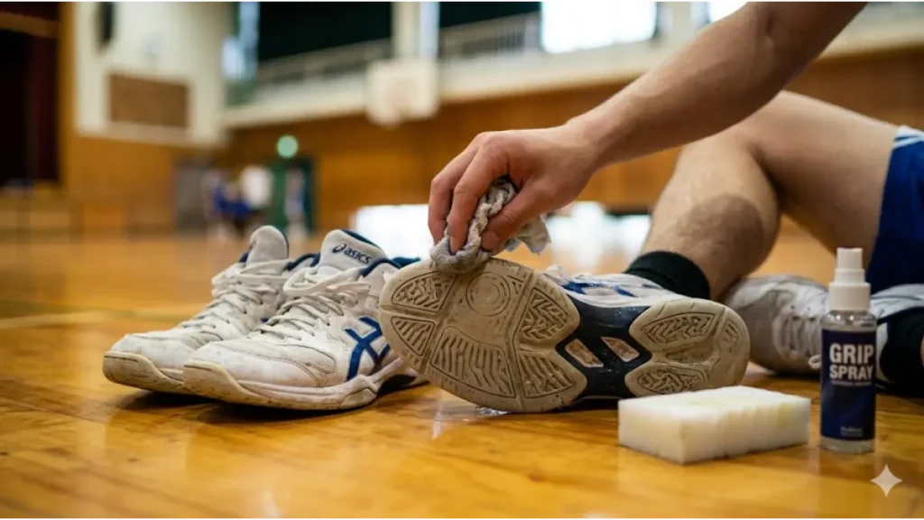 体育館でシャトルランのグリップ力を高めるため、日本人男子学生がバスケシューズの裏を濡れ雑巾で拭く。