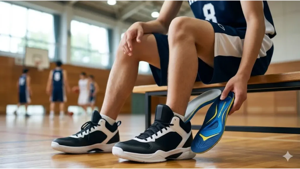 体育館の木製ベンチで、日本人の男子中学生バスケ部員(背番号8)が、バッシュ(バスケットボールシューズ)から元のインソールを取り出し、高機能なスポーツ用交換インソール(ブルーとイエロー)を装着しようとしている(実写風)。