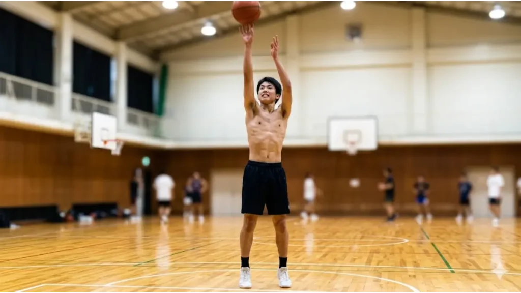 バスケのシュート動作で日本人の男子選手が体幹を鍛えぶれない軸を作り運動連鎖を強化する姿