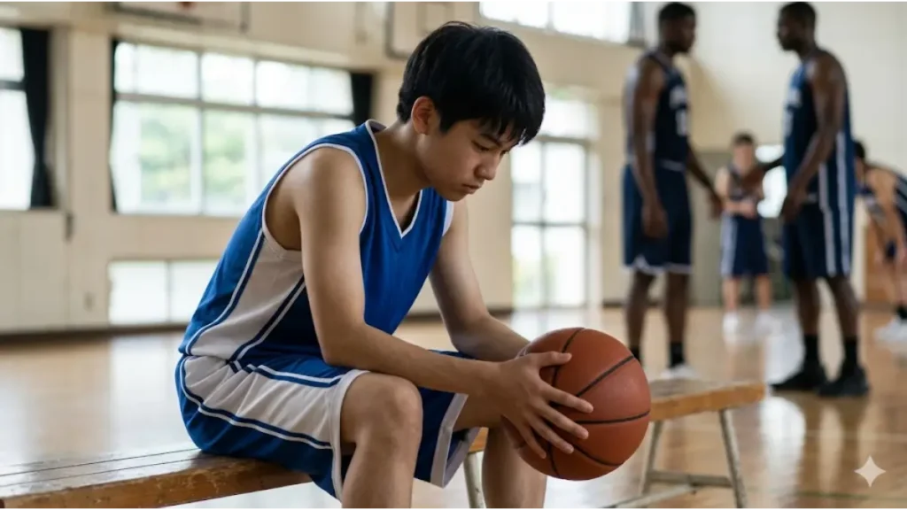 バスケ部で体格差に悩み、ベンチでうつむく小柄な日本人男子選手の実写風画像