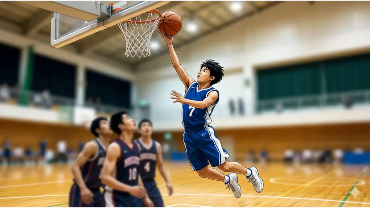 バスケ部で小柄な選手が背の高い選手を飛び越えてリバウンドを取る瞬間