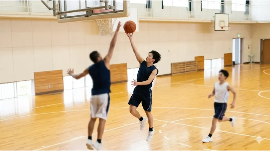 小柄な選手がジャンプしてボールを引き寄せる片手リバウンドの技術