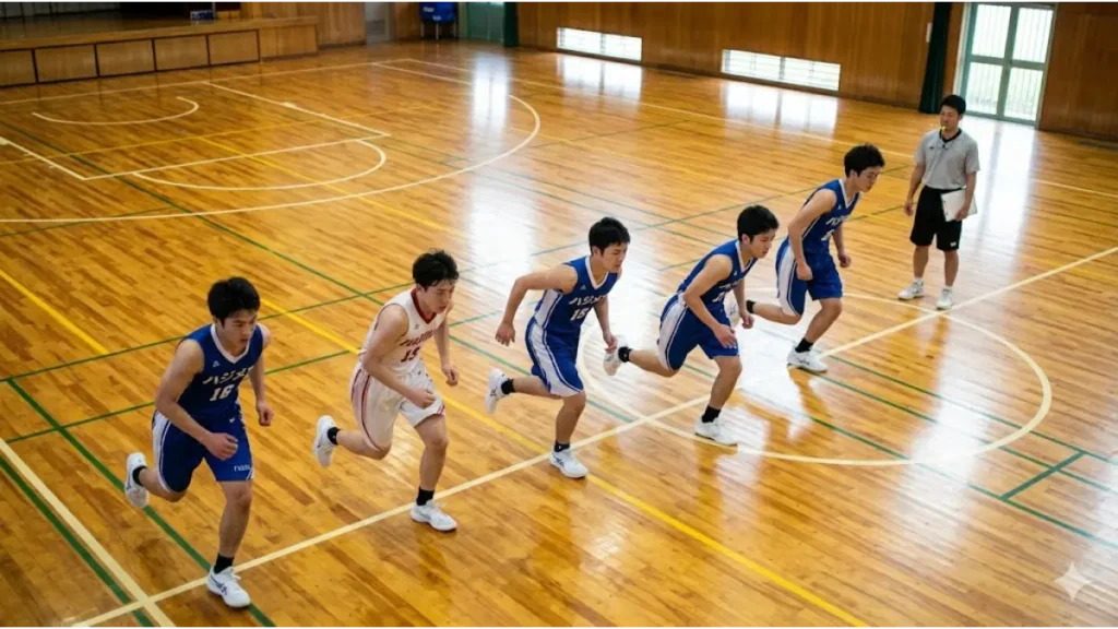 バスケ部シャトルラン平均を超えるため、体育館で真剣に走る複数の日本人男子学生。