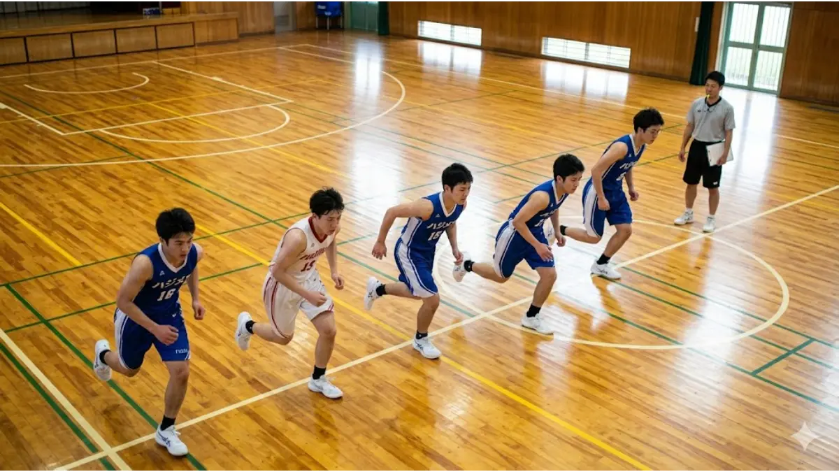 バスケ部シャトルラン平均を超えるため、体育館で真剣に走る複数の日本人男子学生。