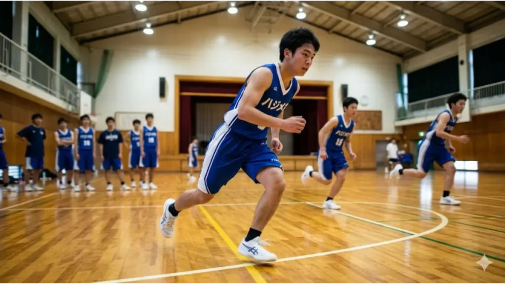バスケ部シャトルラン平均を超えるため、体育館で真剣に走る複数の日本人学生と、その記録向上のための練習風景のまとめ画像。