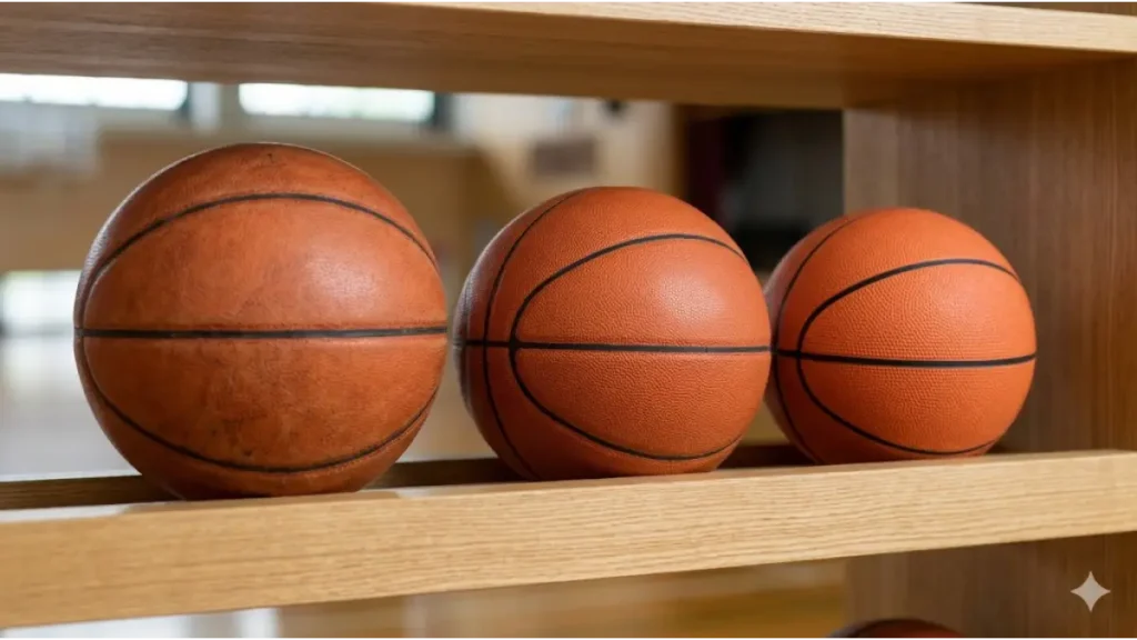 木製の棚に並べられた、7号球（男子用）、6号球（女子用）、5号球（ミニバス用）の異なるサイズのバスケットボール。